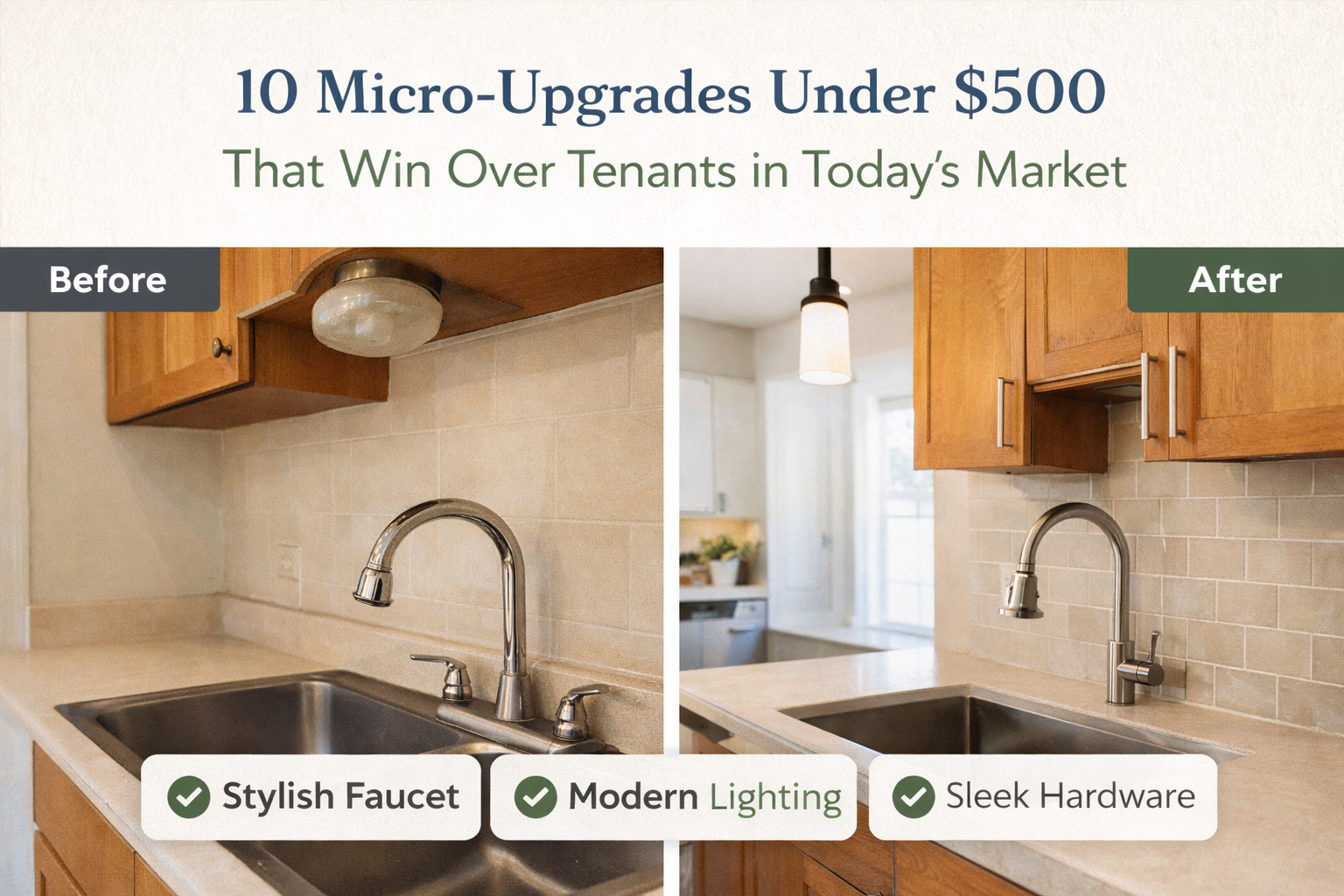 Before-and-after kitchen comparison showing affordable micro-upgrades under $500, including a modern faucet, updated lighting, and sleek cabinet hardware that help attract tenants in today’s rental market.