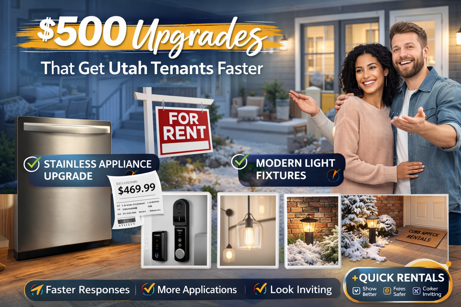 Promotional banner showing a rental home exterior with a “For Rent” sign and smiling couple, highlighting $500 property upgrades like stainless steel appliances, modern light fixtures, smart locks, and improved curb appeal to attract Utah tenants faster.