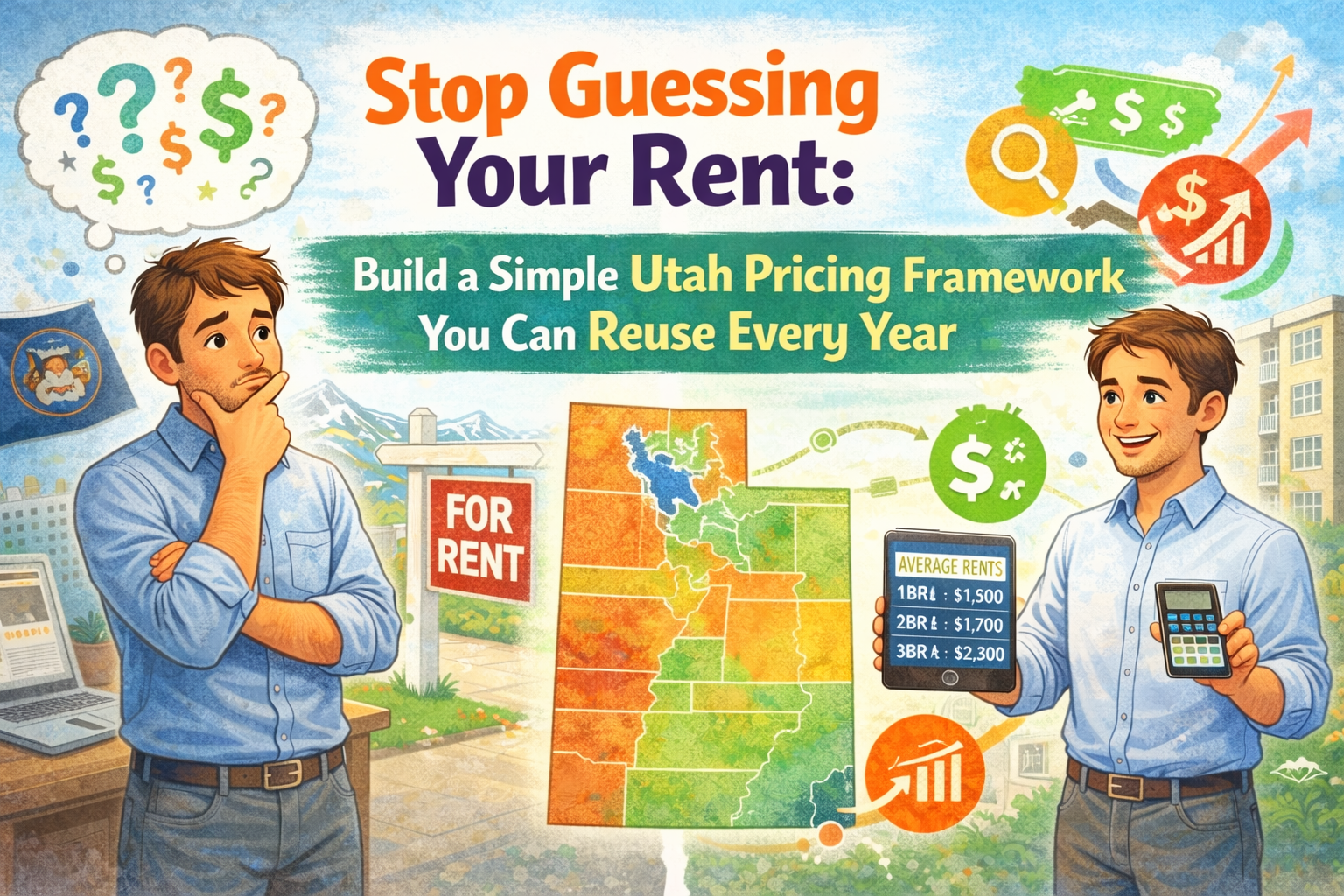 Illustration showing a Utah landlord transitioning from confusion to confidence in rental pricing. On the left, a landlord looks puzzled with question marks and dollar signs above his head near a “For Rent” sign. On the right, the same landlord confidently holds a tablet displaying average rents, with a Utah map, calculator, and upward-trending graph icons symbolizing a structured, data-driven pricing framework.
