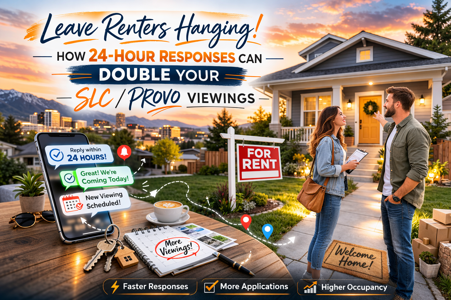 Marketing banner showing a rental home in Salt Lake City at sunset with a “For Rent” sign, a couple discussing a viewing, and a smartphone displaying 24-hour response messages to illustrate how fast replies can double SLC and Provo rental viewings.