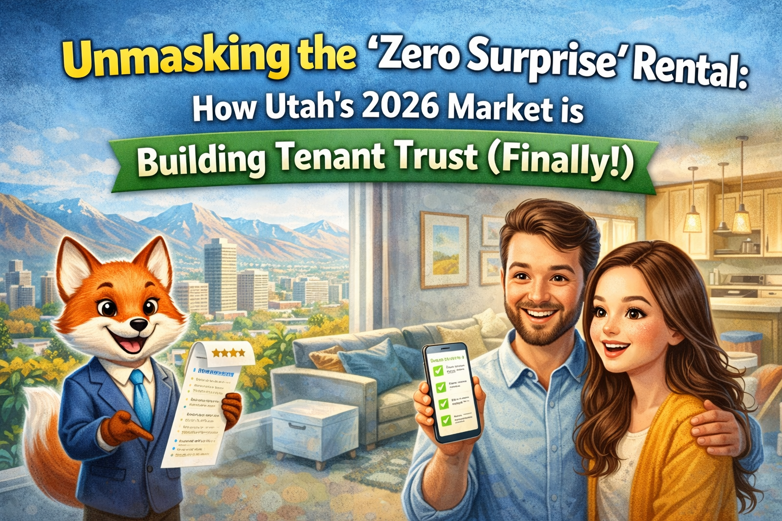 Illustration of a couple reviewing a transparent rental checklist on a smartphone inside a modern Utah apartment, with a fox mascot holding a rating sheet and Salt Lake City skyline in the background, representing tenant trust in Utah’s 2026 rental market.
