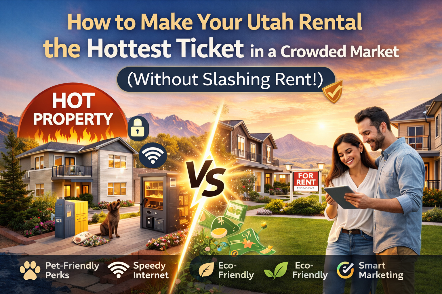 Colorful banner titled “How to Make Your Utah Rental the Hottest Ticket in a Crowded Market (Without Slashing Rent!)” showing a pet-friendly, amenity-rich “hot property” home on the left versus a standard rental on the right where a couple reviews a tablet, with icons highlighting pet-friendly perks, speedy internet, eco-friendly features, and smart marketing as ways to attract tenants without cutting rent.