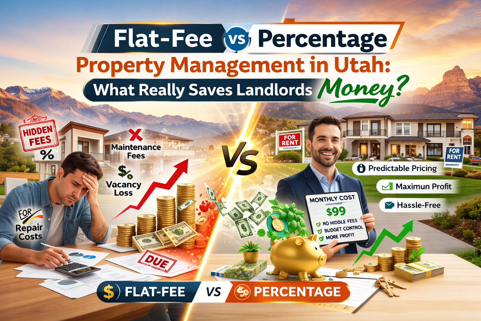 Comparison banner showing “Flat-Fee vs Percentage Property Management in Utah: What Really Saves Landlords Money?” with a stressed landlord on the left facing hidden fees, maintenance charges and vacancy losses under a flat-fee model, and a confident landlord on the right in front of a rental property highlighting predictable pricing, maximum profit, hassle-free management and a clear $99 monthly percentage-based cost, with coins, cash and growth arrows emphasizing the difference in profit.