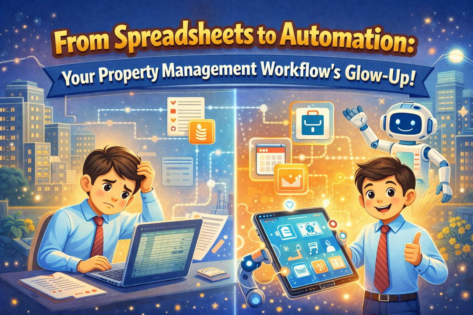 Illustration showing property management transformation from manual spreadsheets to automation, with a stressed manager using Excel on one side and a smiling manager using a digital app with AI assistance on the other.